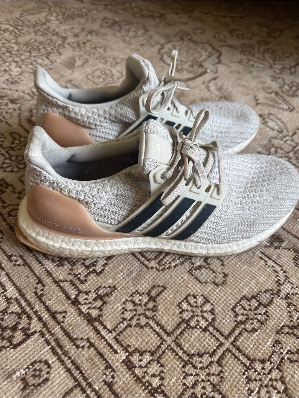 adidas Ultra Boost Sneakers in White with Beige and Black Accents, Size 8.5